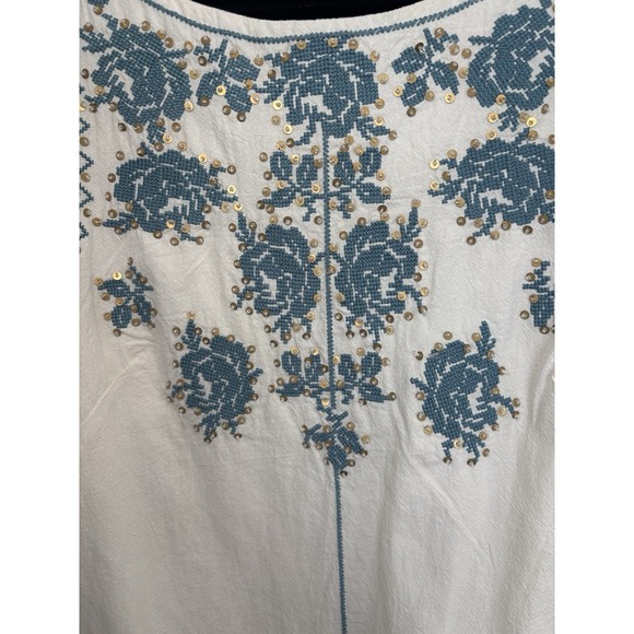 Free People Samson Embroidered Beaded Mini Dress In Ivory/Blue Low Back Cotton - Picture 4 of 12